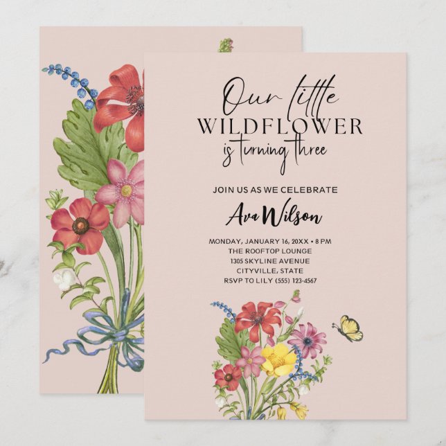 Invitation aquarelle un petit anniversaire fleur sauvage (Devant / Derrière)