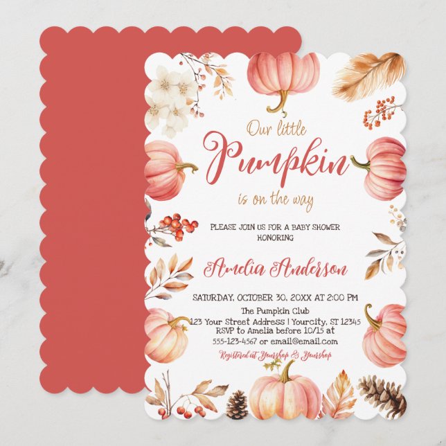 Invitation Aquarelle Un petit Baby shower Citrouille Automne  (Devant / Derrière)