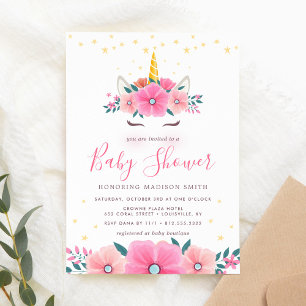 Invitation Aquarelle Unicorn Face Floral Stars Baby shower