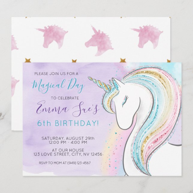 Invitation Aquarelle Unicorn Jour magique Fille Anniversaire (Devant / Derrière)