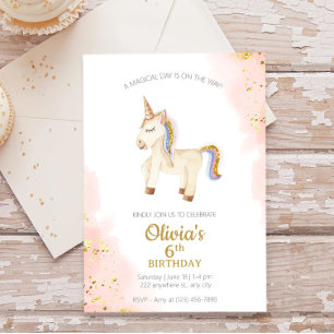 Invitation Aquarelle Unicorn pastel or parties scintillant An