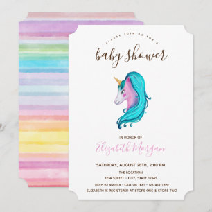 Invitation Aquarelle Unicorne Baby shower rayé