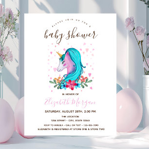 Invitation Aquarelle Unicorne Fleurs Baby shower rayé