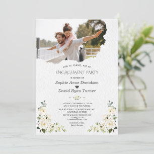 Invitation Aquarelle unique Fiançailles photo floral blanc