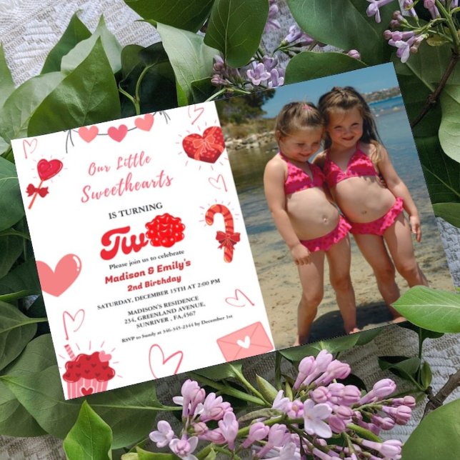 Invitation Aquarelle Valentine coeur Twin Girls 2e anniversai (Créateur téléchargé)