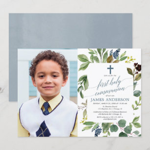 Invitation Aquarelle verdoyante bleu poussiéreux garçon photo