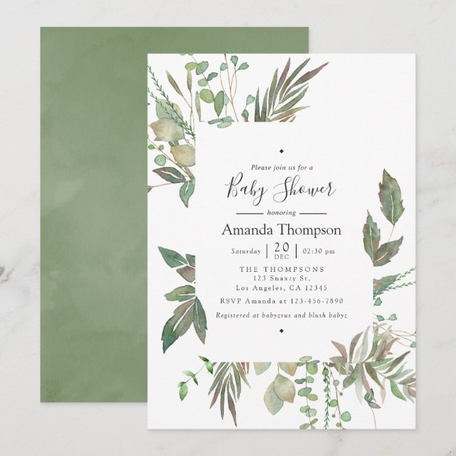 Invitation Aquarelle Verdure Baby shower géométrique (Devant / Derrière)