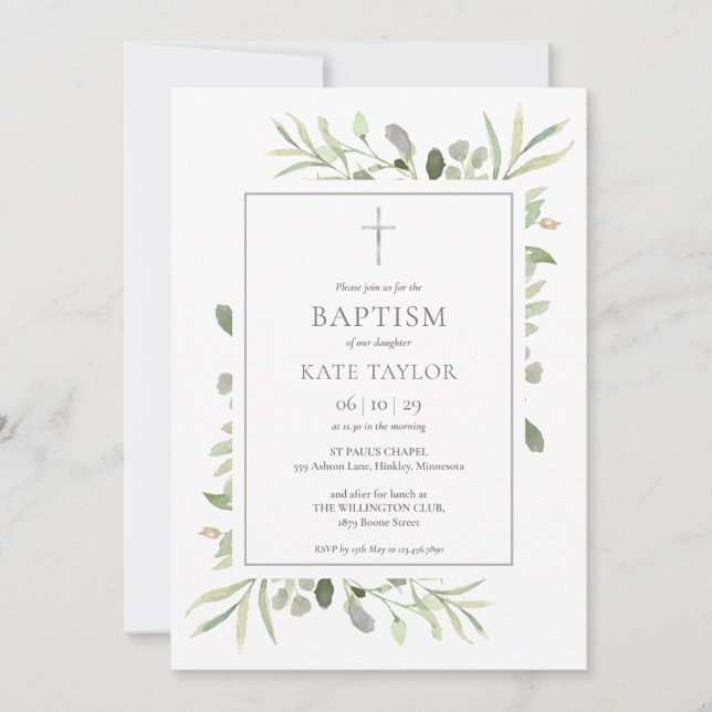 Invitation Aquarelle Verdure Baptême Christening (Devant)