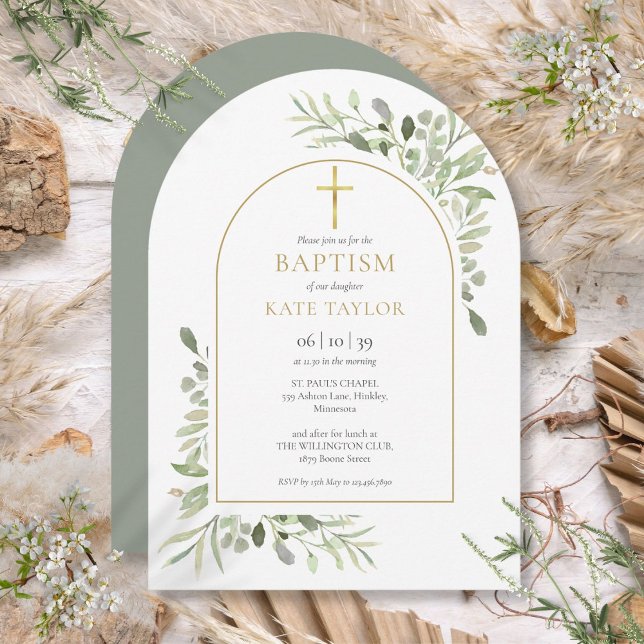 Invitation Aquarelle Verdure Baptême Christening Arc Or (Watercolor Greenery Baptism Christening Gold Arch Invitation)