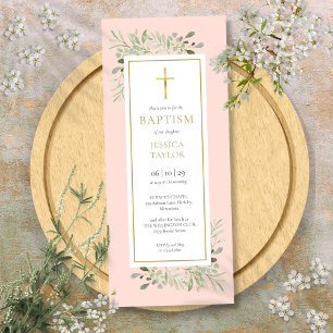 Invitation Aquarelle Verdure Baptême Christening Rose pâle