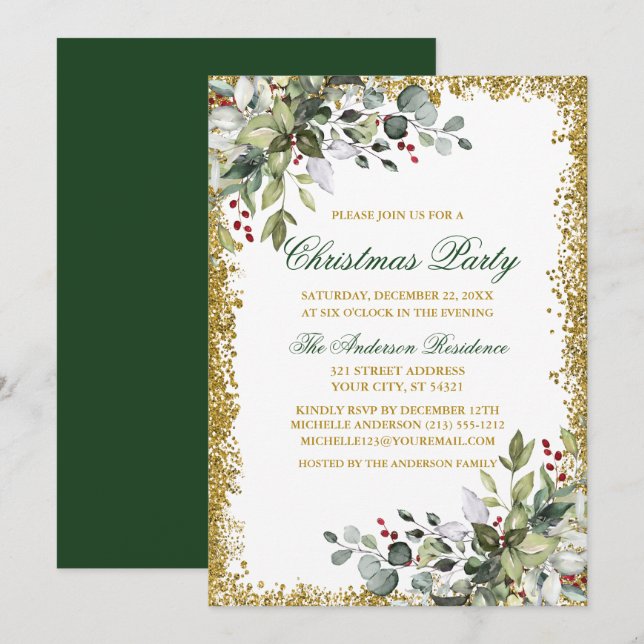 Invitation Aquarelle Verdure Berries Parties scintillant d'or (Devant / Derrière)