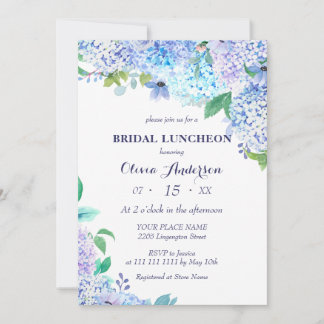 Invitation Aquarelle Verdure Bleu Hydrangée Bridal Luncheon