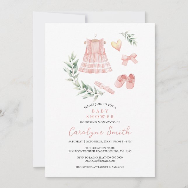 Invitation Aquarelle Verdure Boho Vêtements Baby shower fille (Devant)
