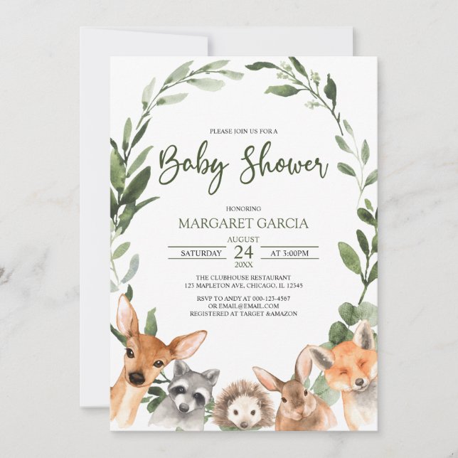 Invitation Aquarelle Verdure Bois Baby shower Animaux (Devant)