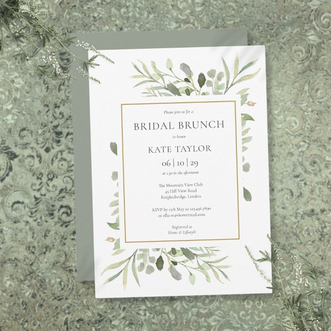 Invitation Aquarelle Verdure Chic Gold Bridal Brunch (Watercolor Greenery Chic Gold Bridal Brunch Invitation)