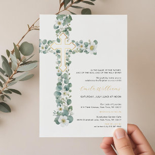 Invitation Aquarelle Verdure Croix florale Baptême