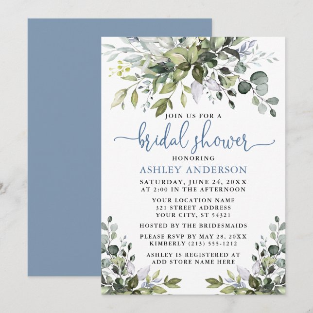 Invitation Aquarelle Verdure Douche bleu foncé Script (Devant / Derrière)