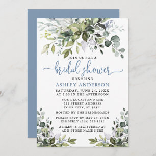 Invitation Aquarelle Verdure Douche bleu foncé Script