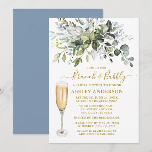 Invitation Aquarelle Verdure Dusty Bleu Brunch Bubbly Or