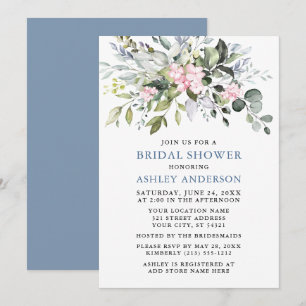 Invitation Aquarelle Verdure Dusty Bleu Fête des mariées rose
