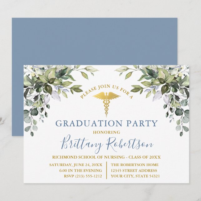 Invitation Aquarelle Verdure Dusty Bleu Médicale Grad Party (Devant / Derrière)