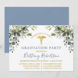 Invitation Aquarelle Verdure Dusty Bleu Médicale Grad Party