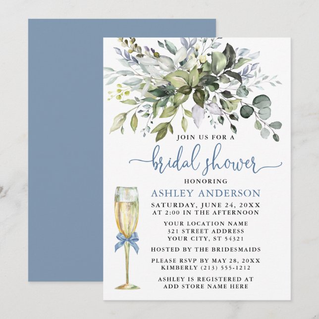 Invitation Aquarelle Verdure Dusty Blue Bow Verre Douche (Devant / Derrière)