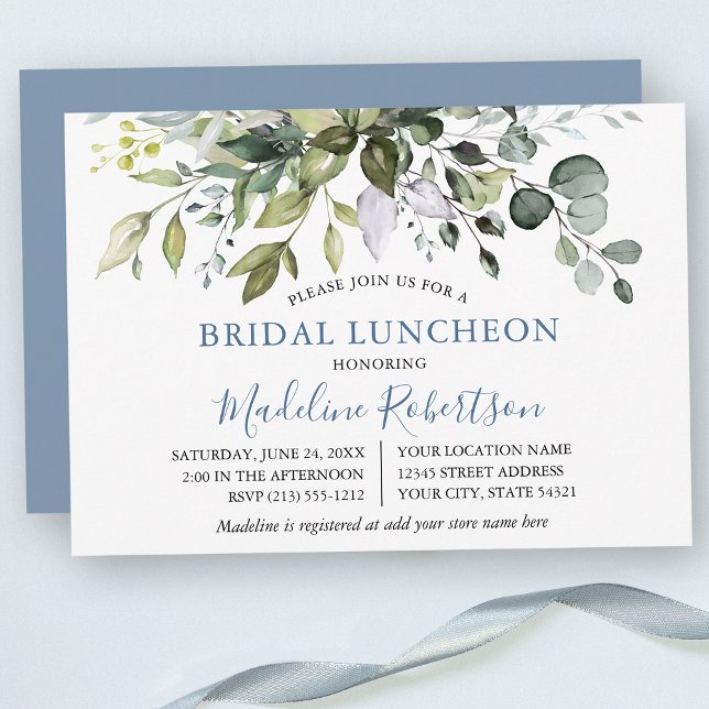 Invitation Aquarelle Verdure Dusty Blue Bridal Luncheon (Customize to change text color, text style or color of back of card.)