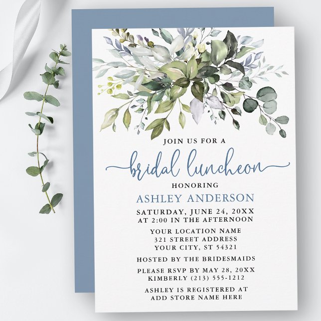Invitation Aquarelle Verdure Dusty Blue Bridal Luncheon (Customize to change your personalized text color, text style or color of back of card.)