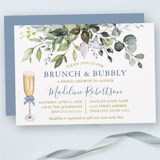 Invitation Aquarelle Verdure Dusty Blue Gold Bridal Brunch (Customize to change text color, text style or color of back of card.)