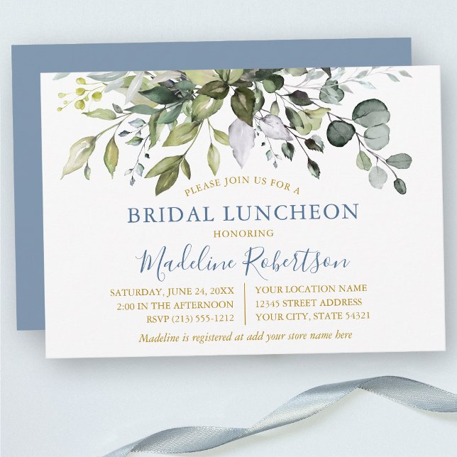 Invitation Aquarelle Verdure Dusty Blue Gold Bridal Lunch (Customize to change text color, text style or color of back of card.)