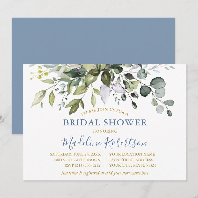 Invitation Aquarelle Verdure Dusty Blue Gold Fête des mariées (Devant / Derrière)