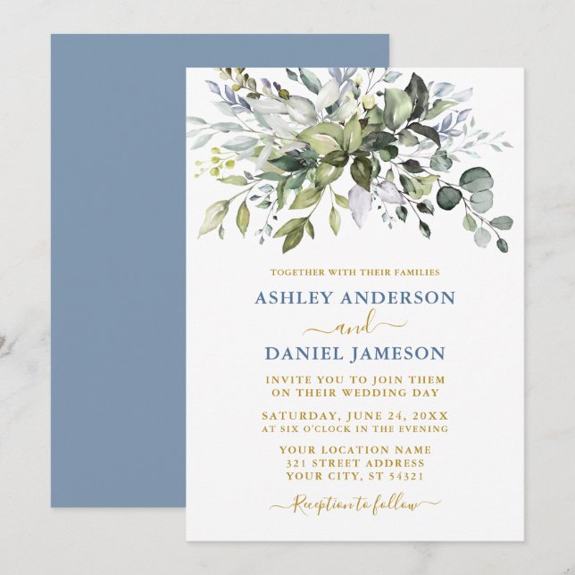Invitation Aquarelle Verdure Dusty Blue Gold Mariage (Devant / Derrière)