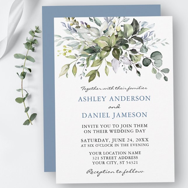 Invitation Aquarelle Verdure Dusty Blue Mariage (Customize to change text color, style, add text & photos to back or change color of back of card.)