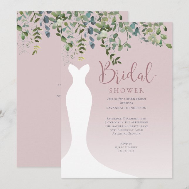 Invitation Aquarelle Verdure Dusty Fête des mariées rose (Devant / Derrière)
