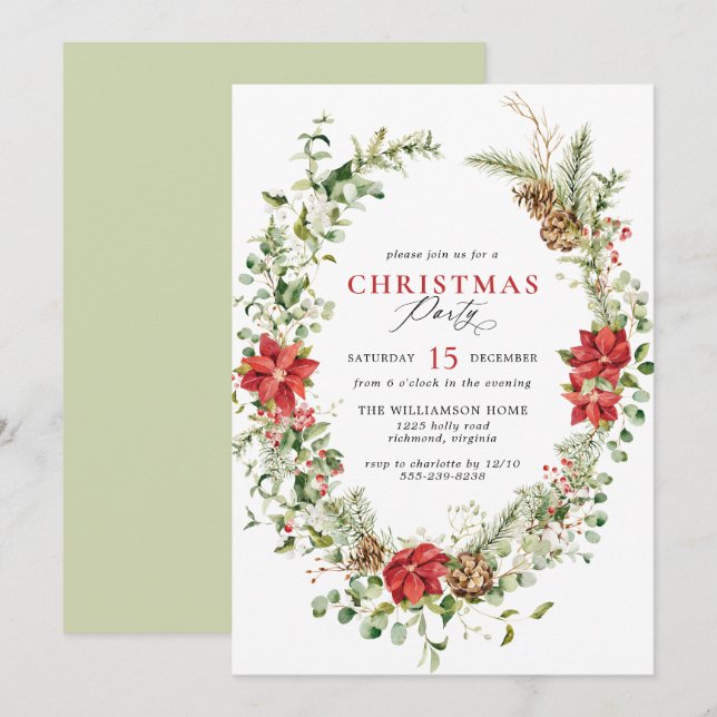Invitation Aquarelle Verdure Élégante fête de Noël florale (Devant / Derrière)