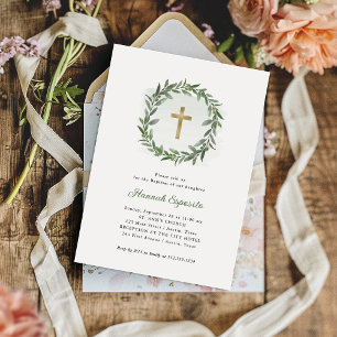 Invitation Aquarelle Verdure et Croix d'or   Baptême