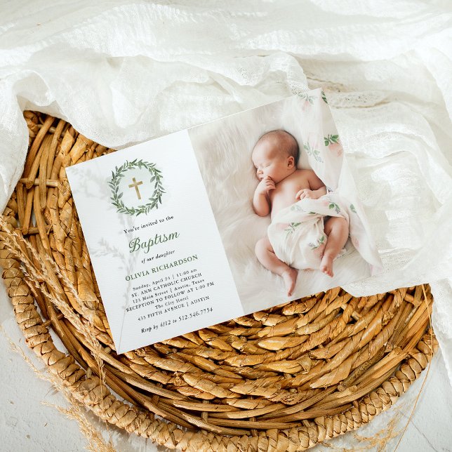 Invitation Aquarelle Verdure et Croix d'or | Photo Baptême (Créateur téléchargé)