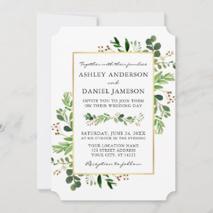 Invitation Aquarelle Verdure Eucalyptus Gold Frame Mariage