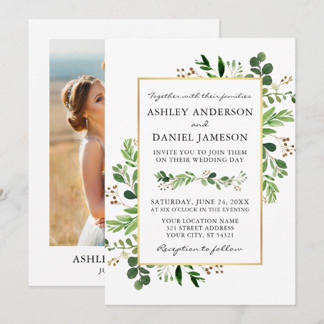 Invitation Aquarelle Verdure Eucalyptus Gold Photo Mariage (Devant / Derrière)