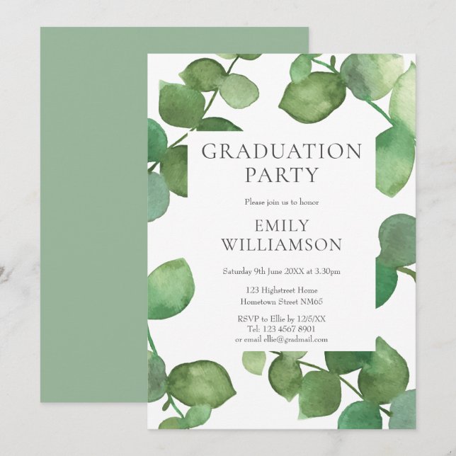 Invitation Aquarelle Verdure Eucalyptus Graduation Party  (Devant / Derrière)