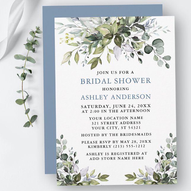 Invitation Aquarelle Verdure Fête des mariées bleu Dusty (Customize to change text color, text style or color of back of card.)