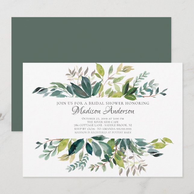 Invitation Aquarelle Verdure Fête des mariées botanique (Devant / Derrière)