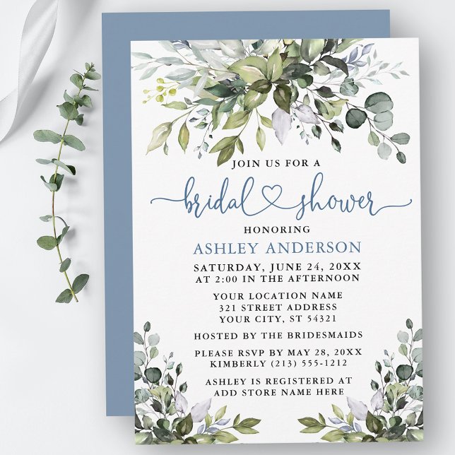 Invitation Aquarelle Verdure Fête des mariées Dusty Blue Hear (Customize to change your personalized text color, text style or color of back of card.)