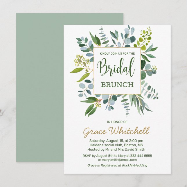 Invitation Aquarelle verdure feuillage Brunch nuptial (Devant / Derrière)