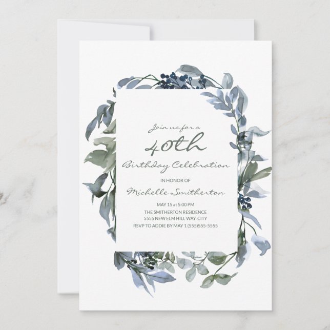 Invitation Aquarelle Verdure Feuille 40e anniversaire femme (Devant)
