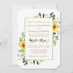 Invitation Aquarelle Verdure Fleurs de soleil Mariage or