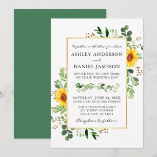 Invitation Aquarelle Verdure Fleurs de soleil Mariage or