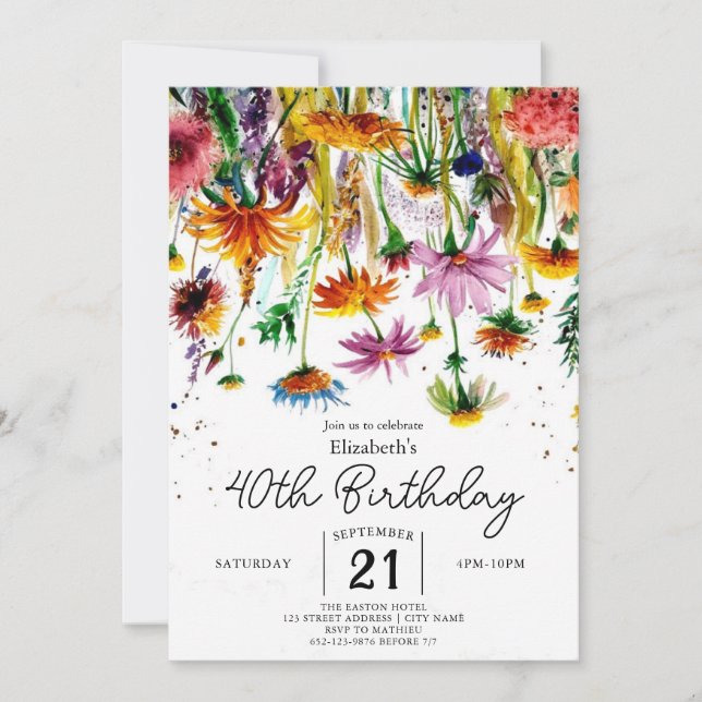 Invitation Aquarelle Verdure Fleurs sauvages 40e anniversaire (Devant)