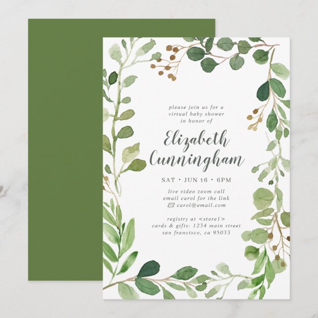 Invitation Aquarelle Verdure Foliage Baby shower virtuel (Devant / Derrière)